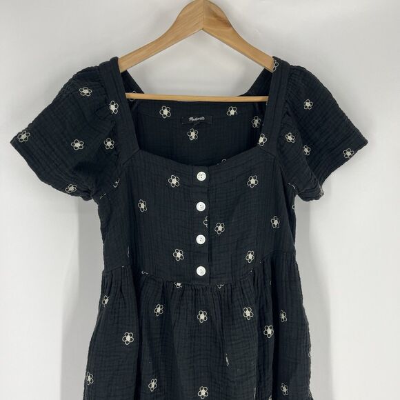 Madewell Dress Size XS Black Daisy Embroidered Lightspun Gauze Midi Square Neck - Picture 2 of 9